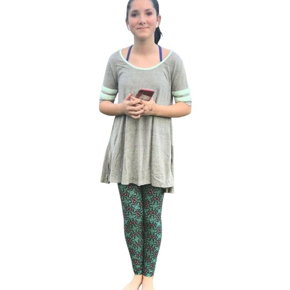 LuLaRoe Womens Top Size XS Perfect T Tunic Shirt Heather Gray Mint Stripes